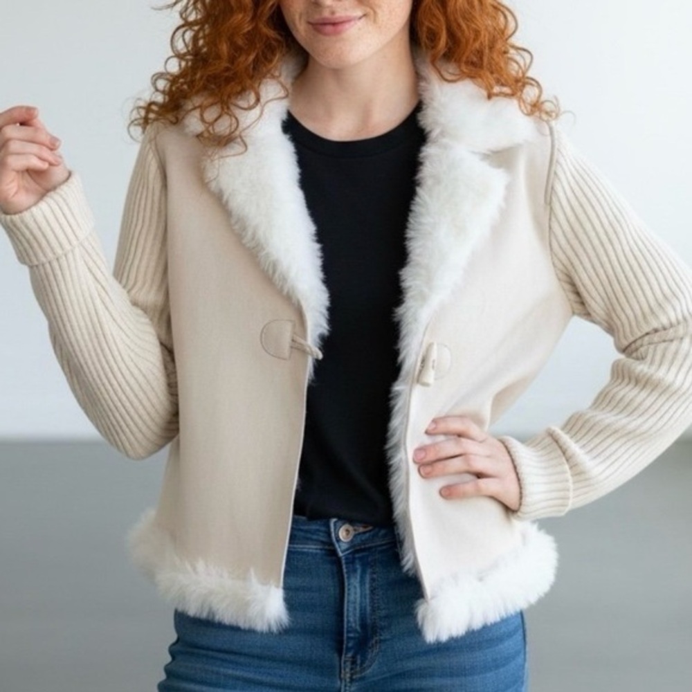 Montanaco Cream Faux Fur Ivory Faux Suede Vintage Jacket M Quiet Luxury